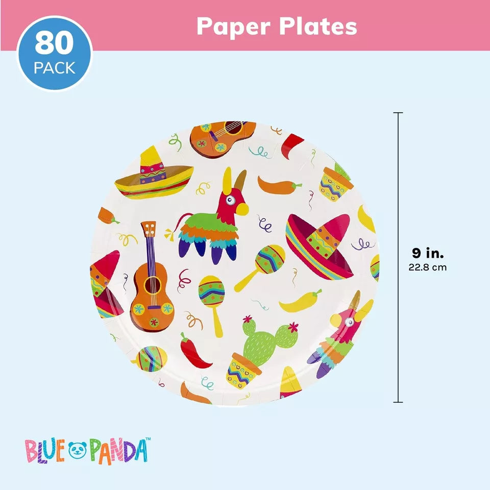 80-Pack Fiesta Design Paper Plates, Cinco de Mayo, Fiesta Party Decorations, 9in