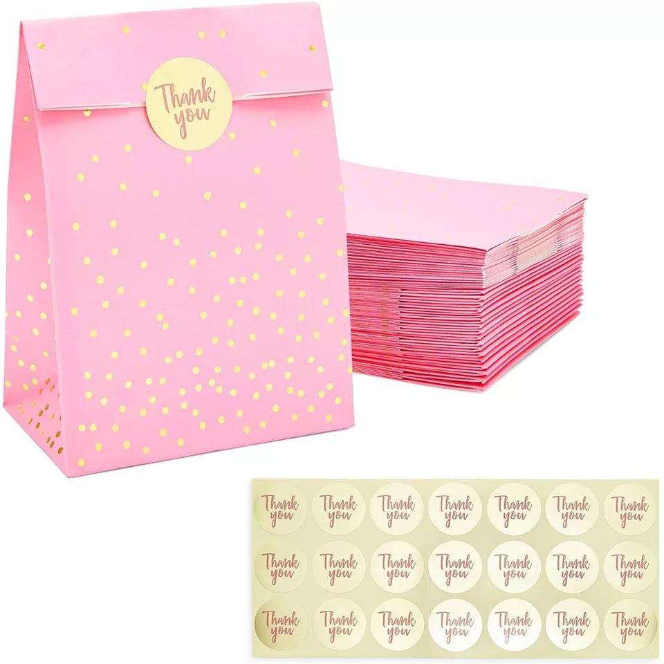 36 Pack Pink Gift Bags with Gold Stickers - 5.15 x 8.6 in