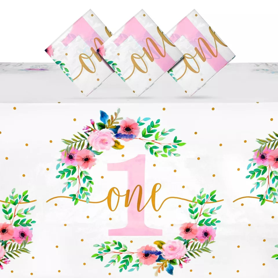 3 Pack 1st Birthday Tablecloth, Floral Party Supplies, 54x108 in