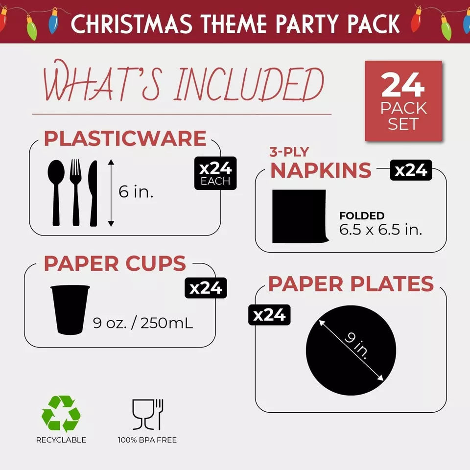 24x Christmas Light Decor Dinnerware Sets with Paper Plates Cutlery Cups Napkins