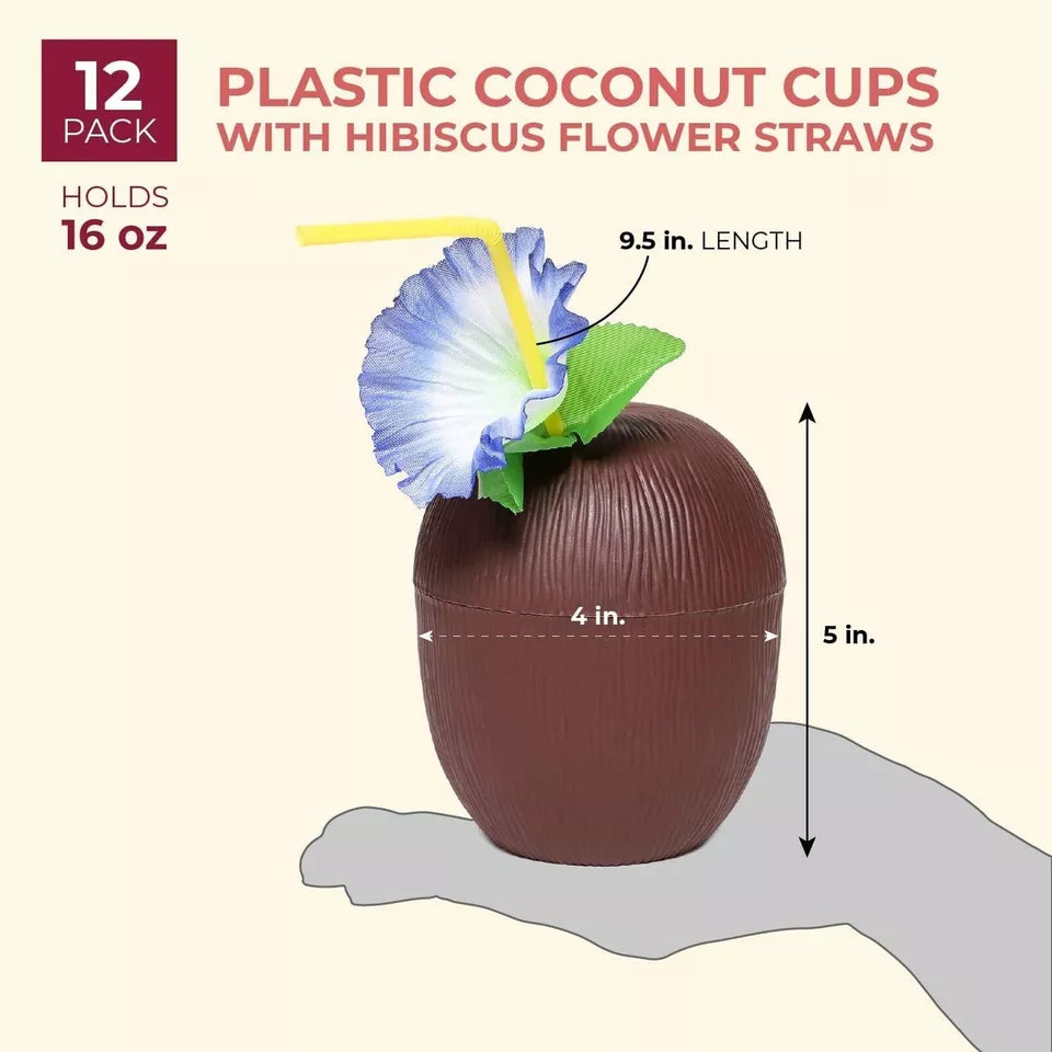 12 Plastic Coconut Cup with Straws Flowers for Hawaiian Luau Party Drink, 16 Oz