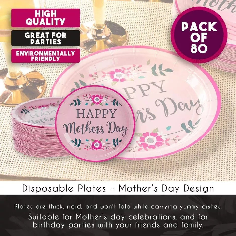 80 Pack Happy Mother’s Day Floral Paper Plates for Party, Mother’s Day, 7 In