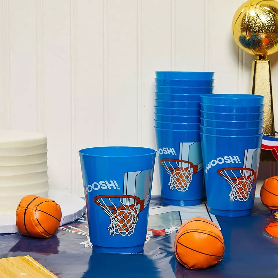 16x Plastic 16 oz Party Cups Basketball Reusable Tumblers for Kids Birthday Blue