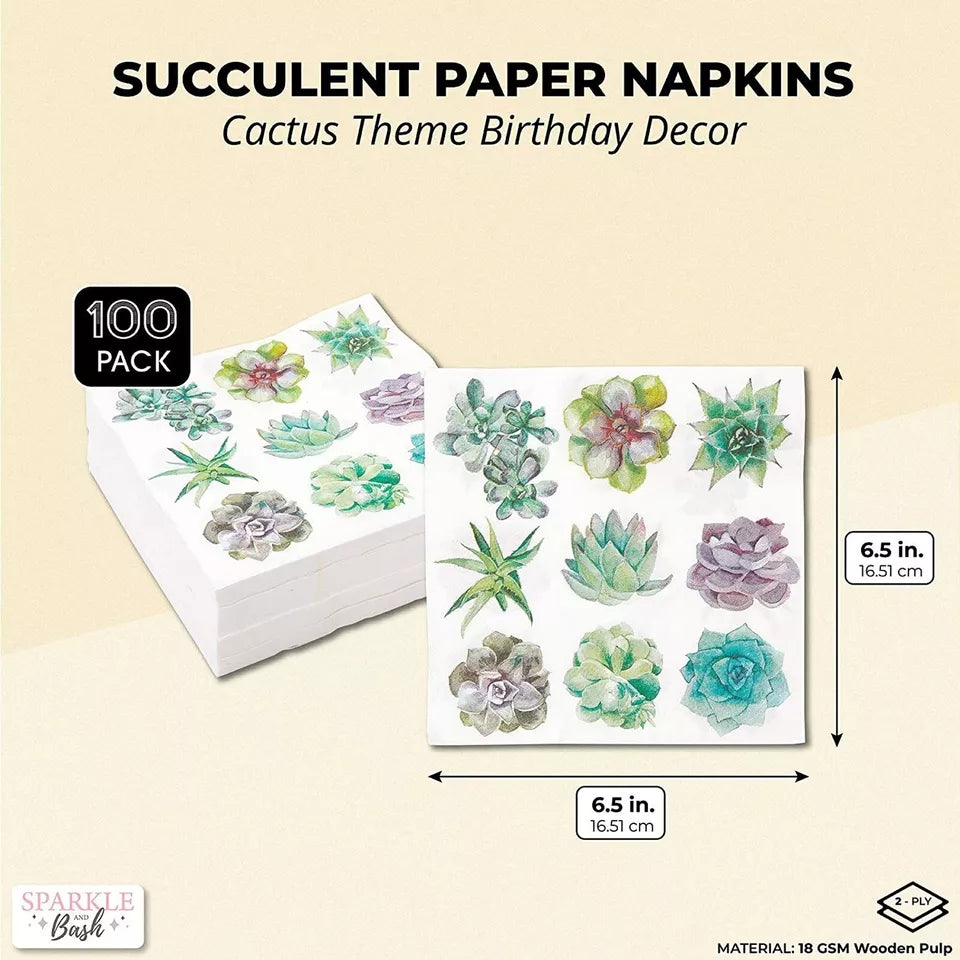 Succulent Paper Napkins for Birthday Party (6.5 In, 100 Pack)