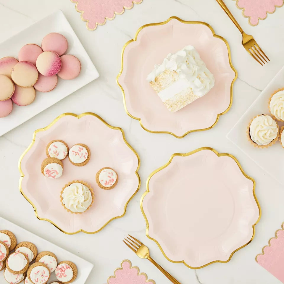 48 Pink Scalloped Paper Plates with Gold Foil Edges - 9 in