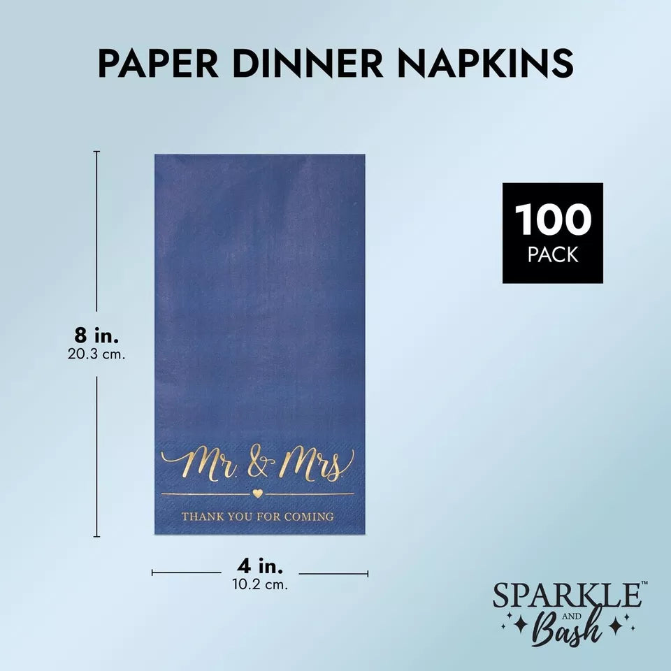 100 Pack Wedding Cocktail Napkins for Reception Party, Navy Blue, 4 x 8 In