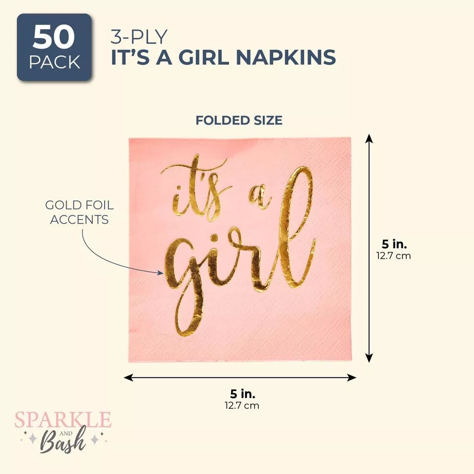 50 Pack It's a Girl Napkins for Baby Shower, Gold Foil Party Supplies, 5x5 In