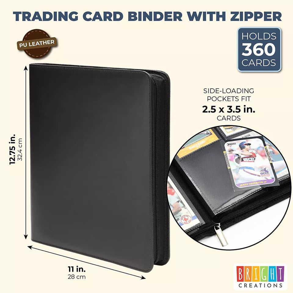 360 Card Pocket Binder with Zipper 9 Pocket Trading Cards Album Folder, Black