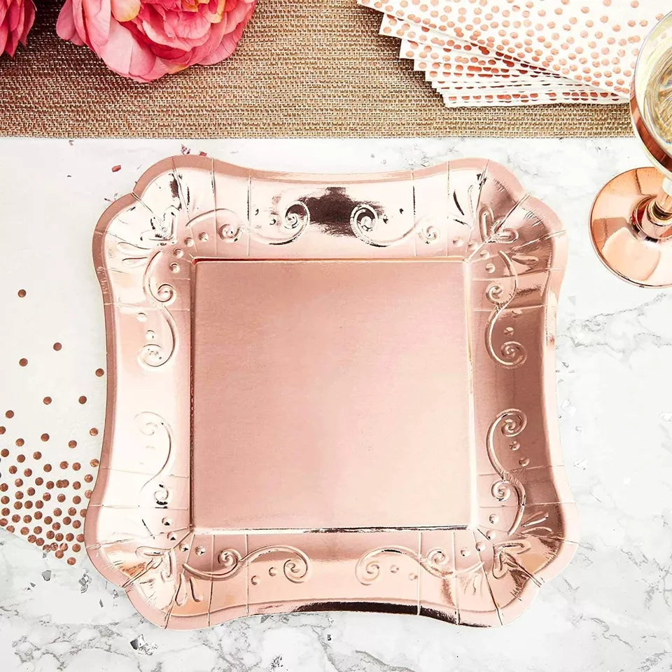 48x Square Rose Gold Paper Party Dinner Plates for Wedding Bridal Shower 9"