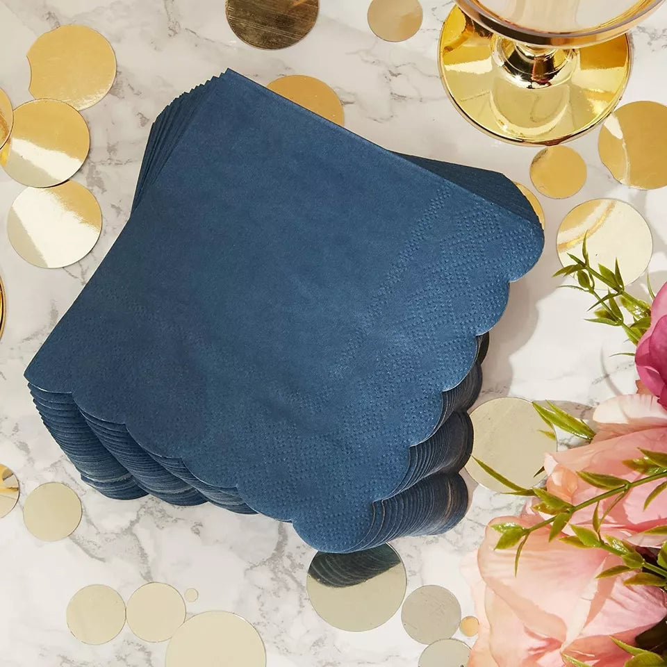 100 Navy Blue Scalloped Cocktail Napkins - 5x5