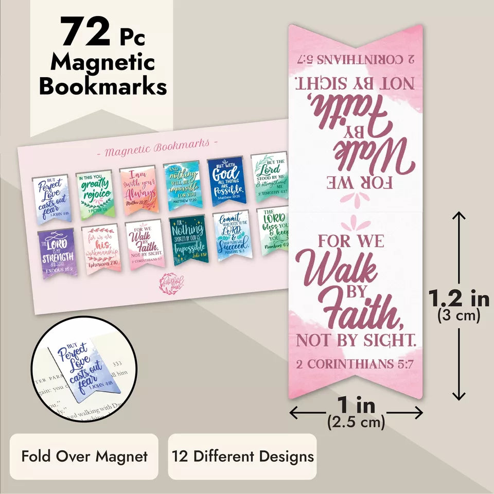 72 Christian Magnetic Bookmarks - 12 Watercolor Designs