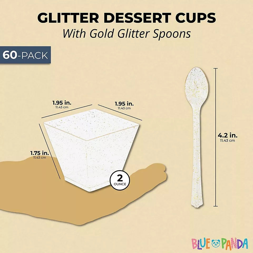 Gold Glitter Square Mini Plastic Dessert Cups with Spoons - 100 Pack, 2 oz