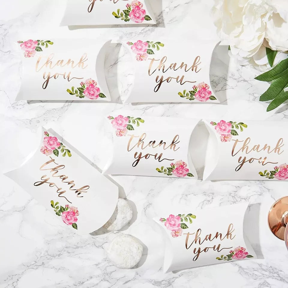 100 Pack Wedding Pillow Boxes - Rose Gold Foil Thank You Party Gift Décor