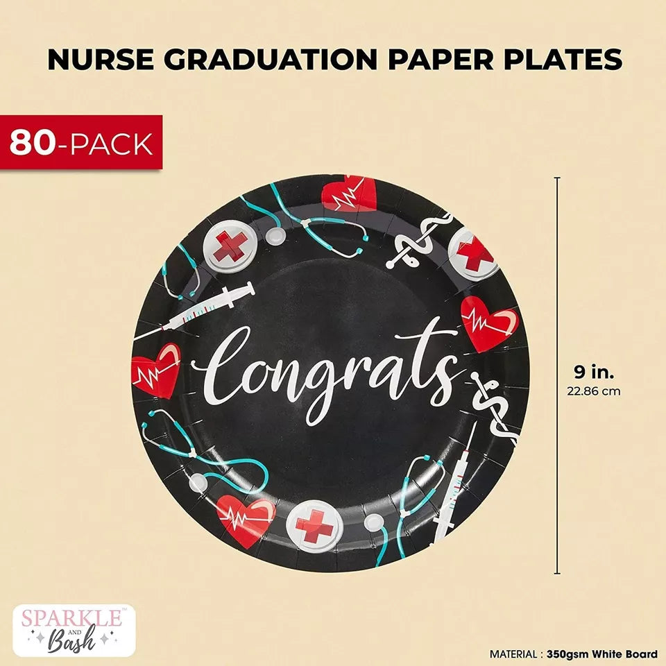 80 Pack 9" Nurse Paper Plates for Nursing Graduation Party