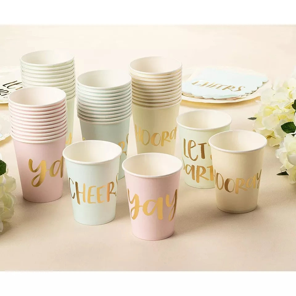 48 Gold Foil and Pastel Paper Cups - 9 oz