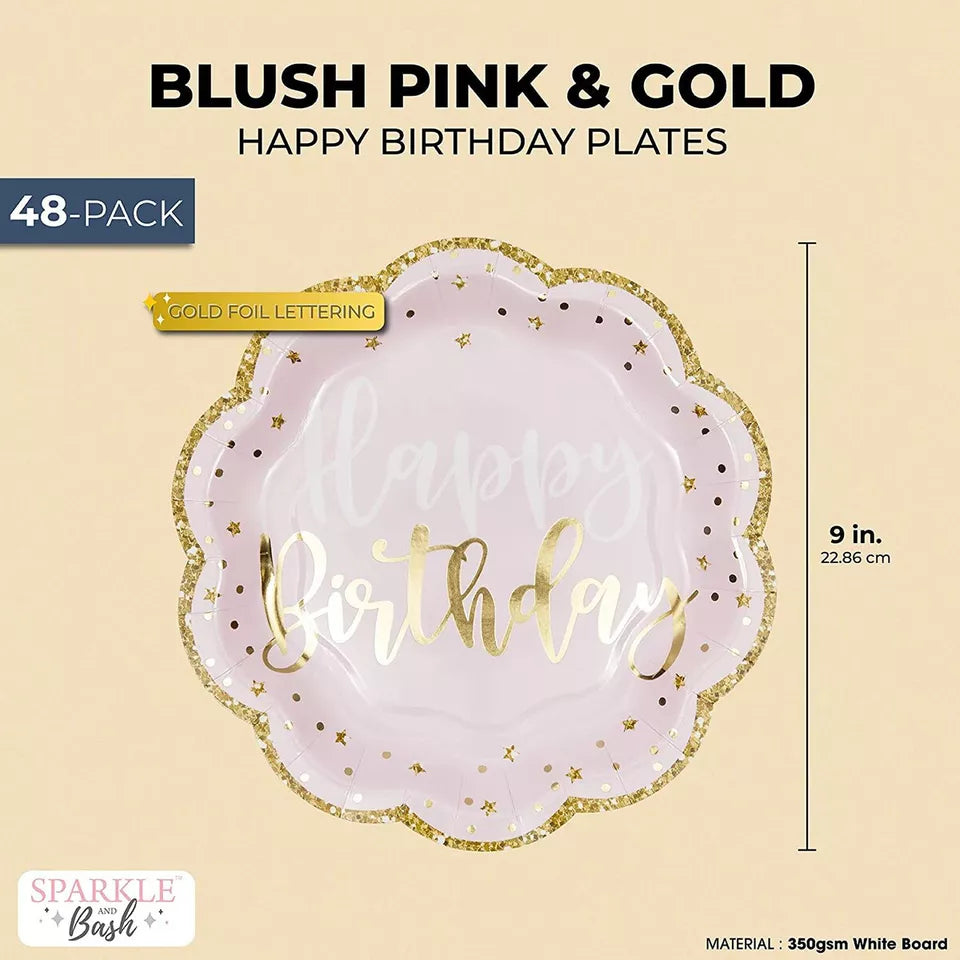 48 Pack Pink Happy Birthday Party Paper Plates with Gold Glitter Edges, 9 In