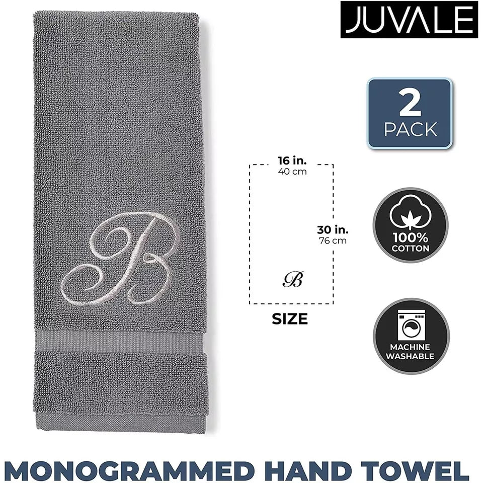 2 Pack Letter B Monogrammed Hand Towels, Silver Embroidered Initial B, 16x30 in