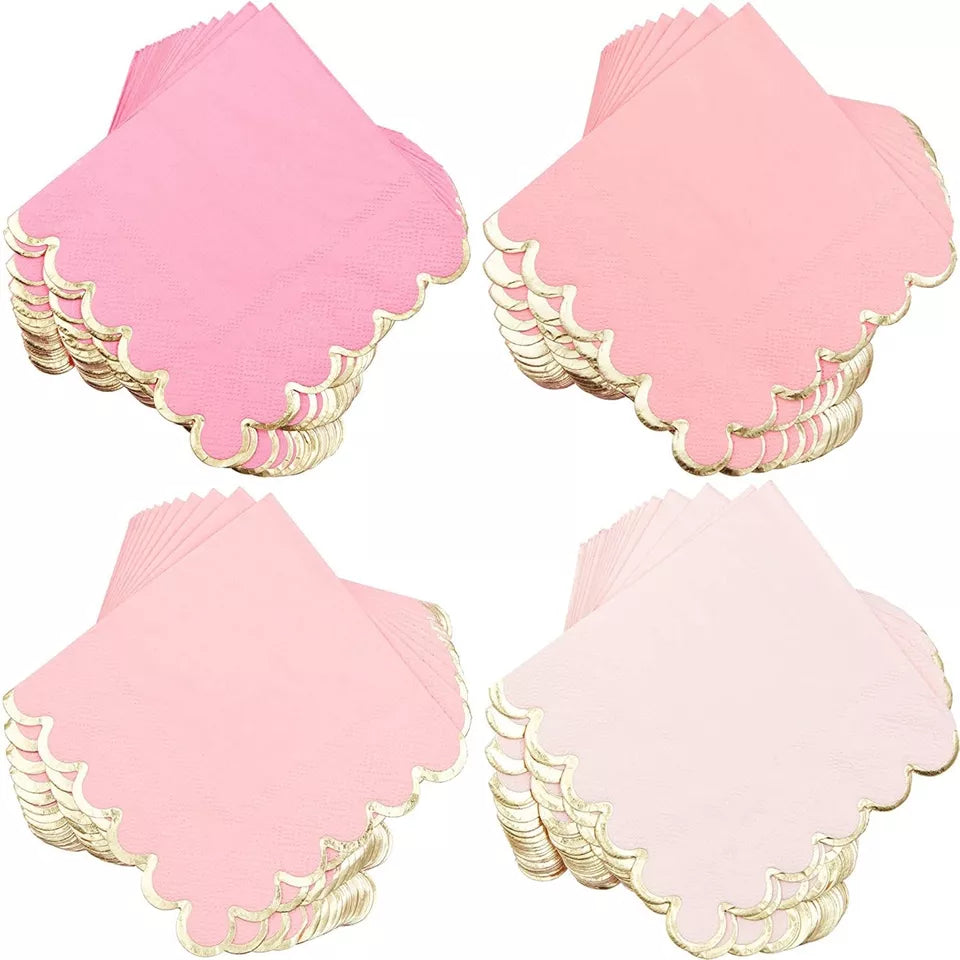 100 Scalloped Pink Party Napkins - 5 x 5 in, 4 Shades for Baby Shower