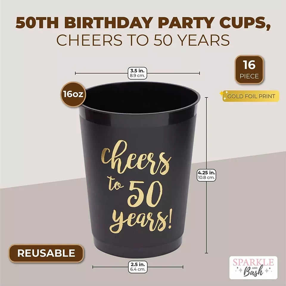 16 Pack Plastic Party Cups for Cheers to 50 Years Birthday Supplies, Black, 16oz