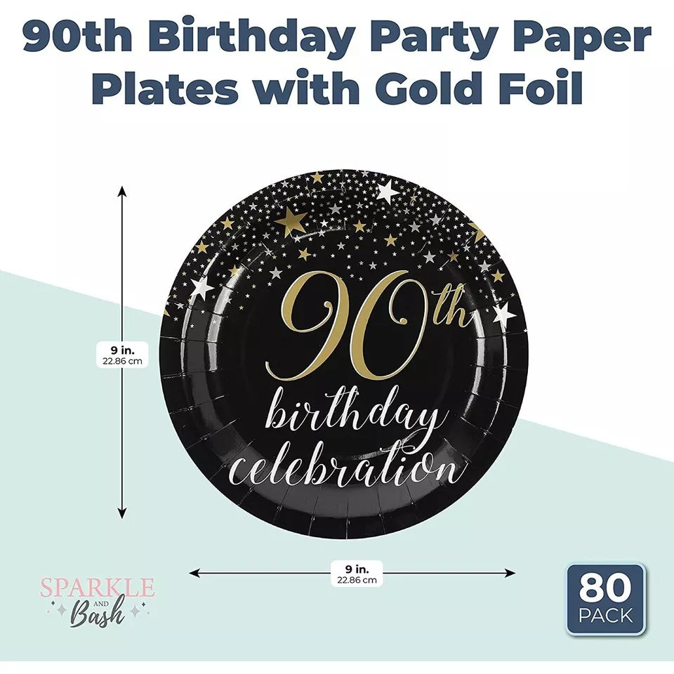 90th Birthday Party Paper Plates with Gold Foil (9 Inches, 80 Pack)