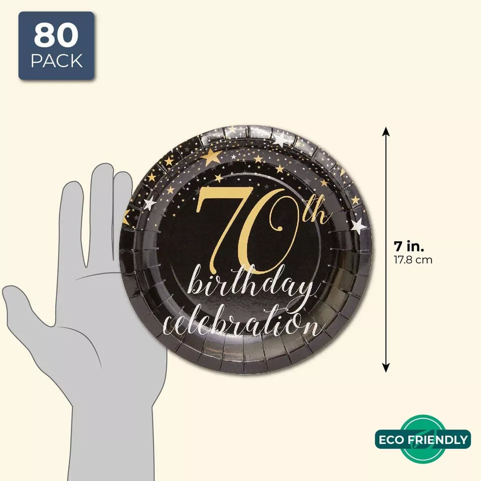 Sparkle and Bash 70th Birthday Paper Plates (80 Count), 7", Gold & Black