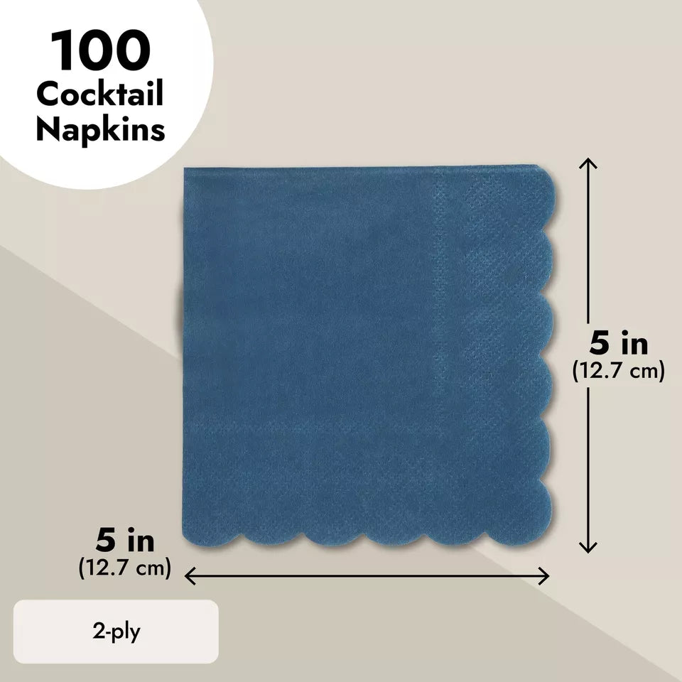 100 Navy Blue Scalloped Cocktail Napkins - 5x5