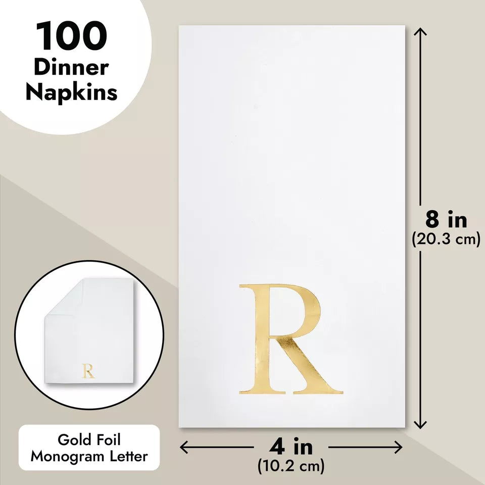 100 Pack Gold Foil Initial Letter R White Monogram Paper Napkins, 4 x 8 In