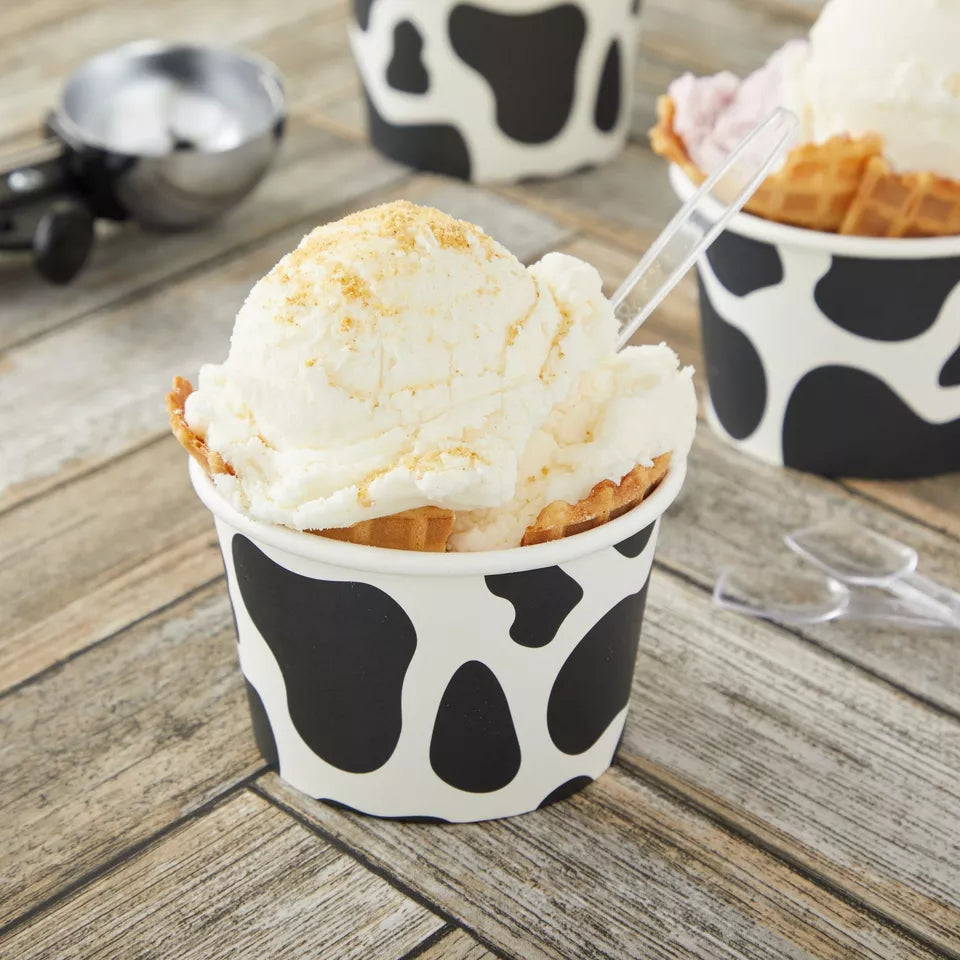 Cow Paper Ice Cream Cups with Spoons, Farm Birthday Party Supplies (8 oz, 100x)