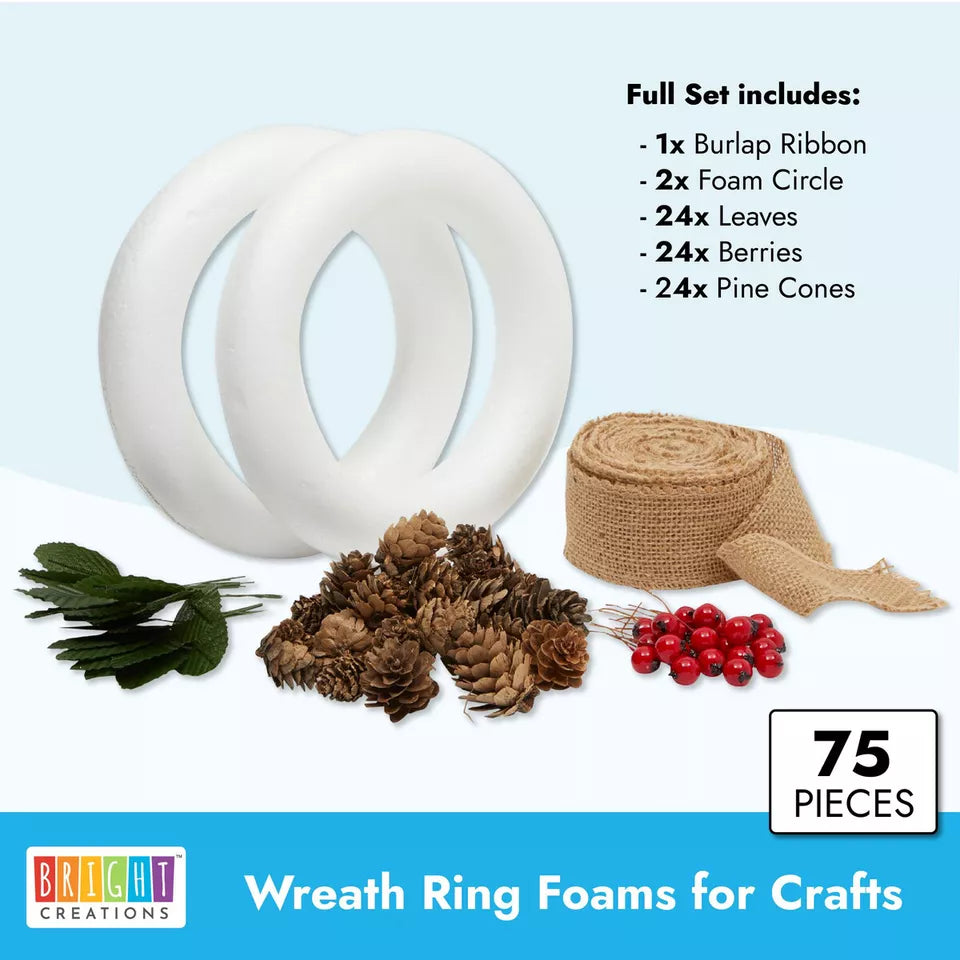 75 PCS Set 8" Wreath DIY Kit, 2 Craft Foam Rings Burlap Ribbon Berries Pinecones