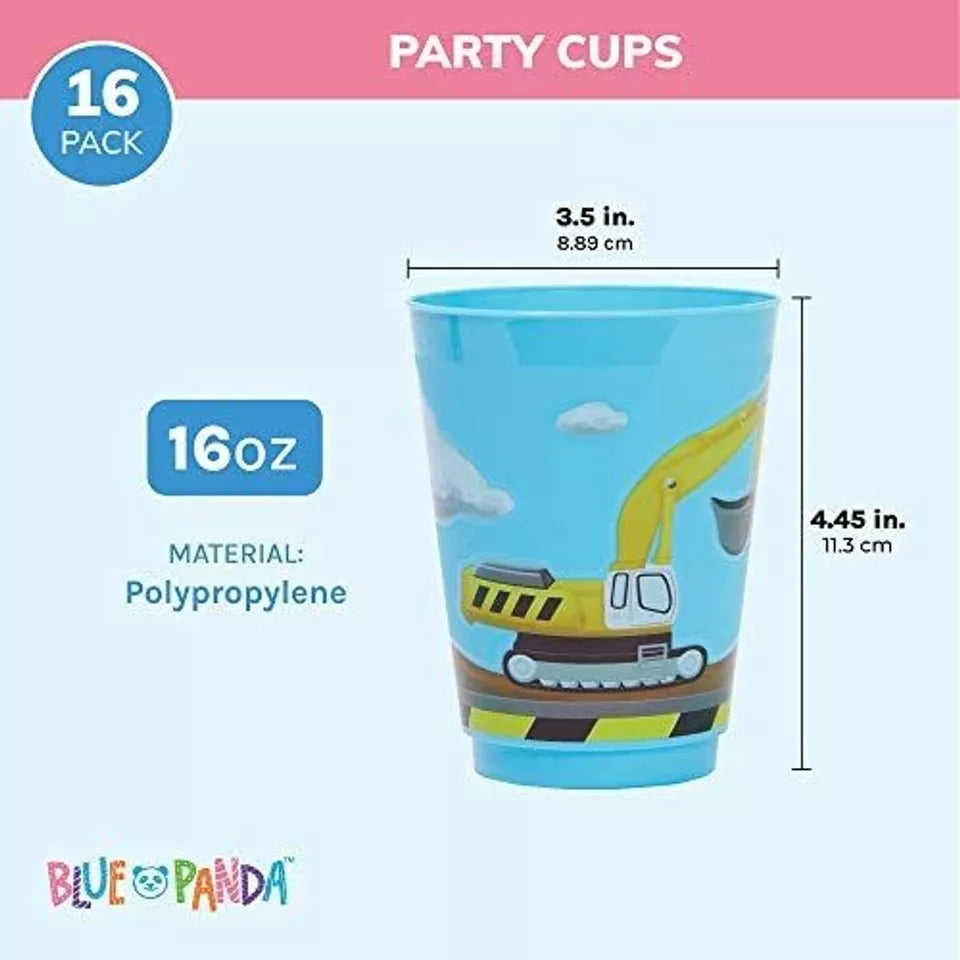 16 oz Plastic Tumbler Cups, Construction Birthday Party Supplies (Blue, 16 Pack)