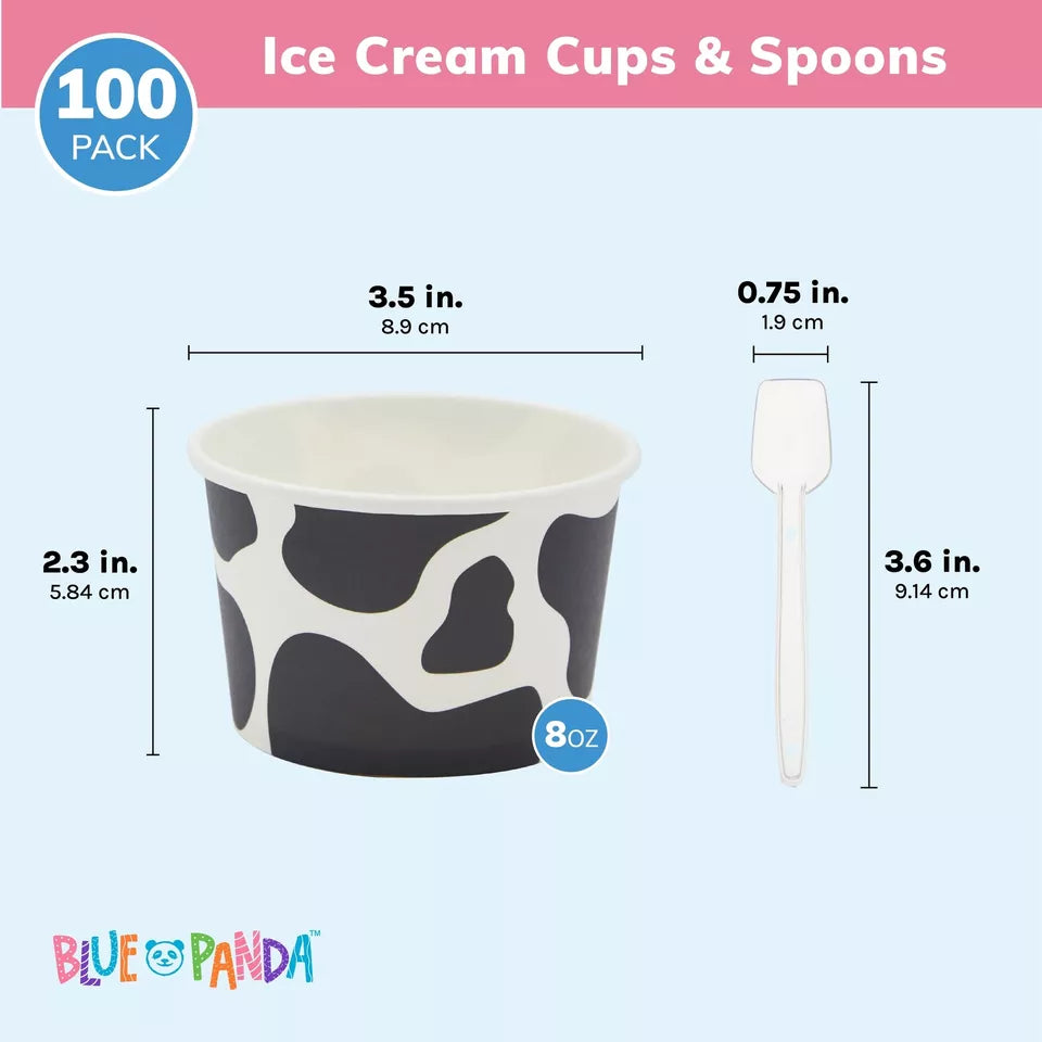 Cow Paper Ice Cream Cups with Spoons, Farm Birthday Party Supplies (8 oz, 100x)