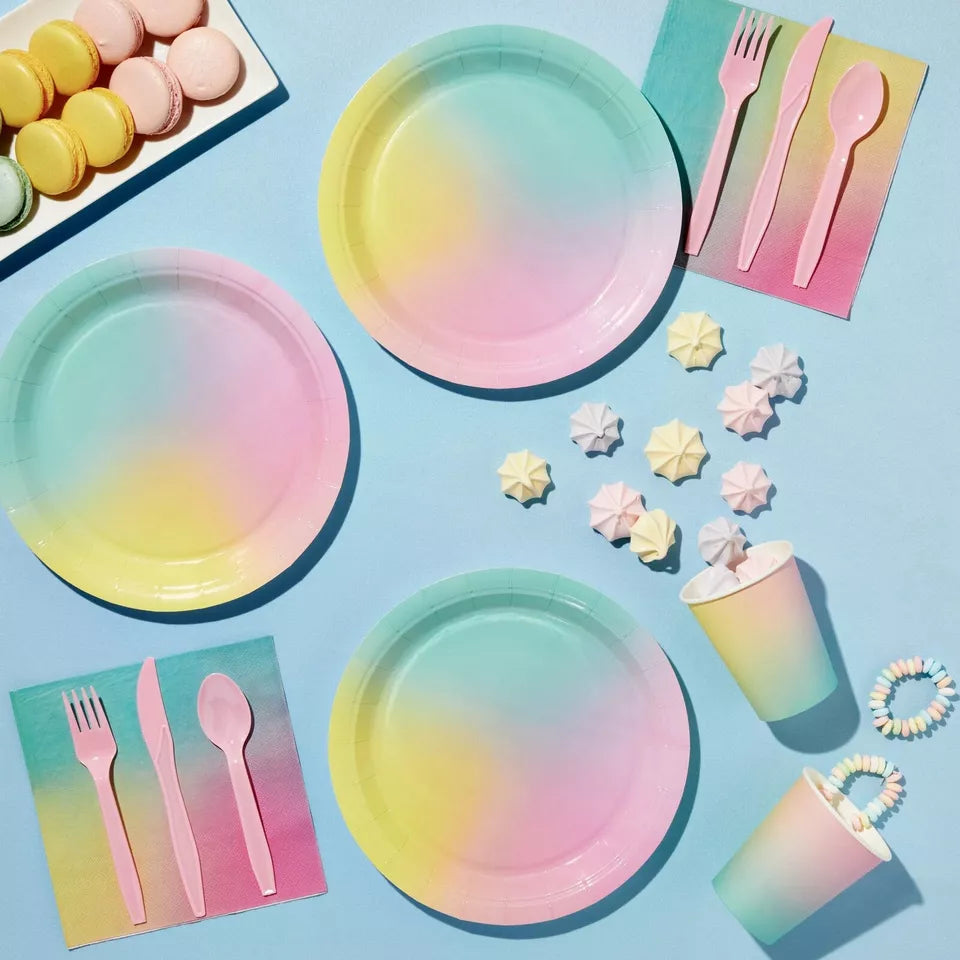 144 Piece Pastel Paper Plates and Napkins, Rainbow Dinnerware Set (Serves 24)