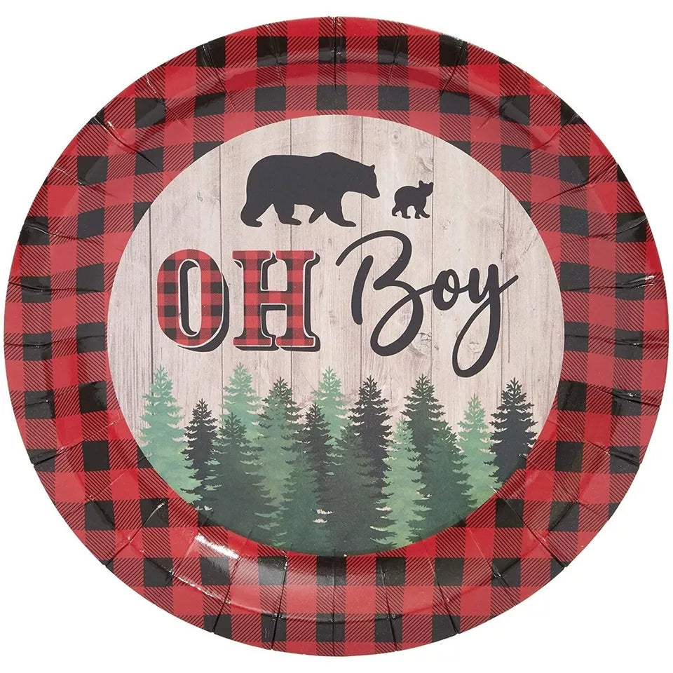 80Pcs Oh Boy Lumberjack Plaid Disposable Paper Plates 7" for Baby Shower Party