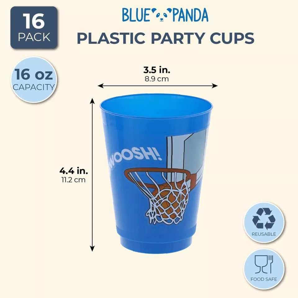 16x Plastic 16 oz Party Cups Basketball Reusable Tumblers for Kids Birthday Blue