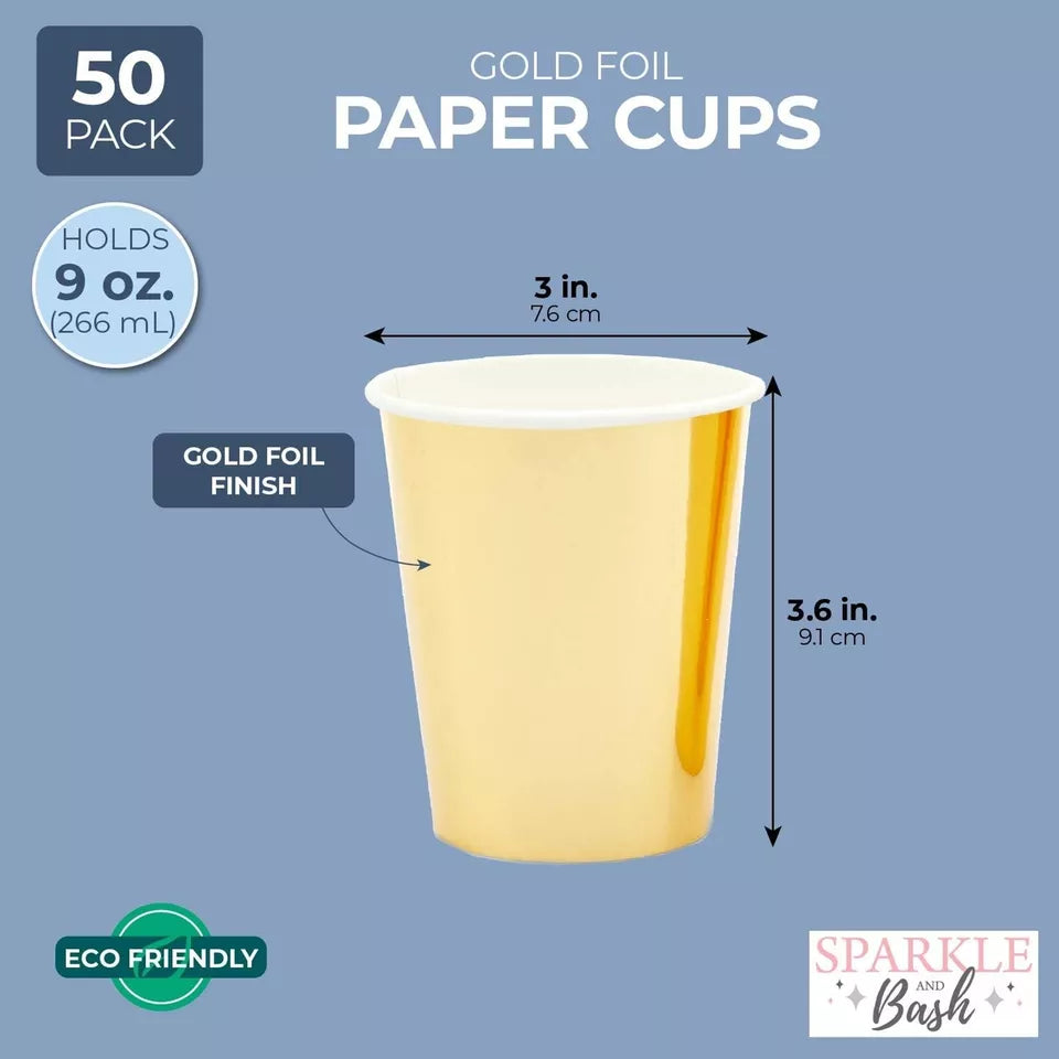 50 Pack 9oz Gold Foil Party Paper Cups for Birthday Wedding Bridal Shower