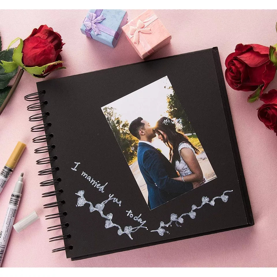 Black Hardcover Scrapbook Blank Wedding Guest Book Photo Album, 40 Sheets, 8x8"