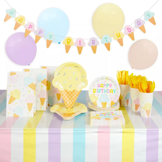 Ice Cream Birthday Party Supplies, Tableware, Banners, and Balloons (Serves 24)