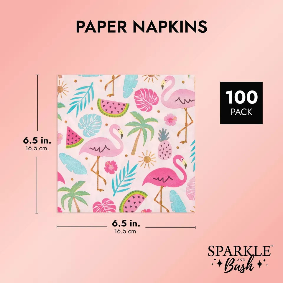 100x Party Paper Flamingo Cocktail Napkins for Tropical Luau Birthday Supplies