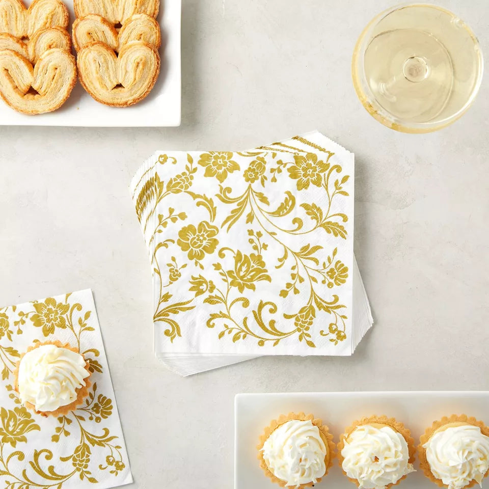 100 Pack 6.5" White and Gold Floral Paper Napkins, Wedding Party Supplies