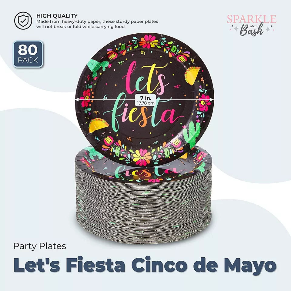 80 Pack Black Party Favors Paper Plates for Let's Fiesta Cinco de Mayo, 7 in