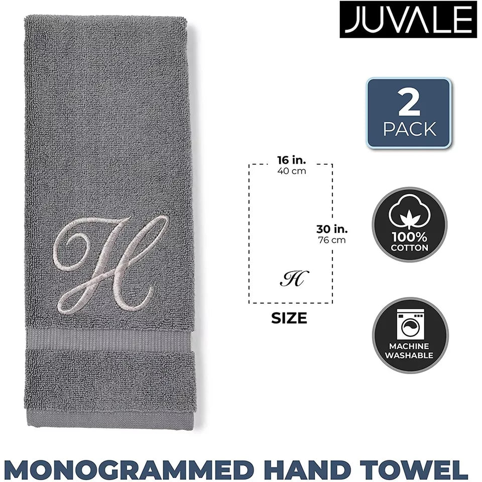 2-Pack 16x30 Monogrammed Hand Towels with Silver Embroidered Initial H