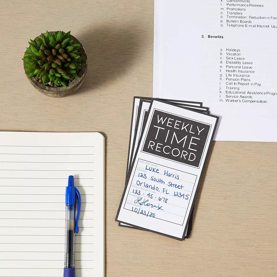 Weekly Trifold Employee Time Cards for Bookkeeping, Pocket Sized (200 Pcs)