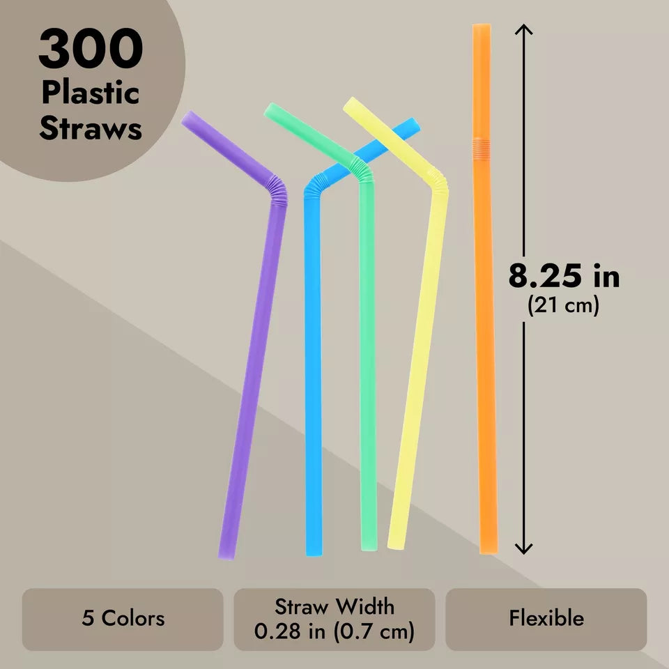 Flexible Plastic Drinking Straws - 300 Pack, 5 Colors, Disposable