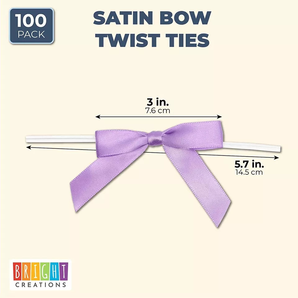 100 Pack Light Purple Satin Bow Twist Ties with Twist Ties for Treat Bags, 3