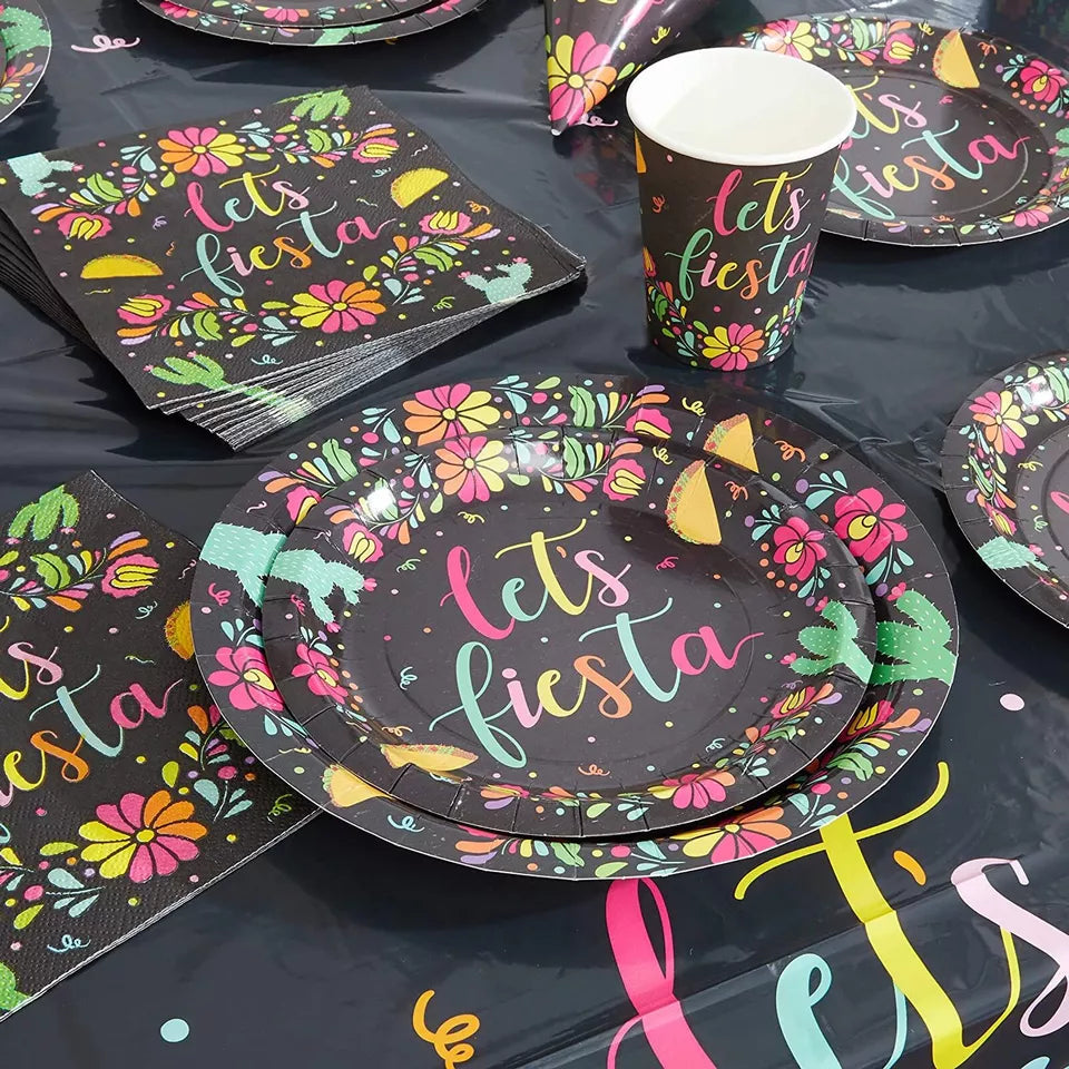 80 Pack Black Party Favors Paper Plates for Let's Fiesta Cinco de Mayo, 7 in