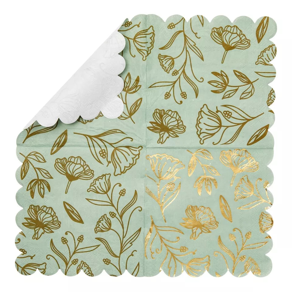 50 Pack Green Floral Party Scalloped Cocktail Paper Napkins, 3-Ply, 5 x 5 In