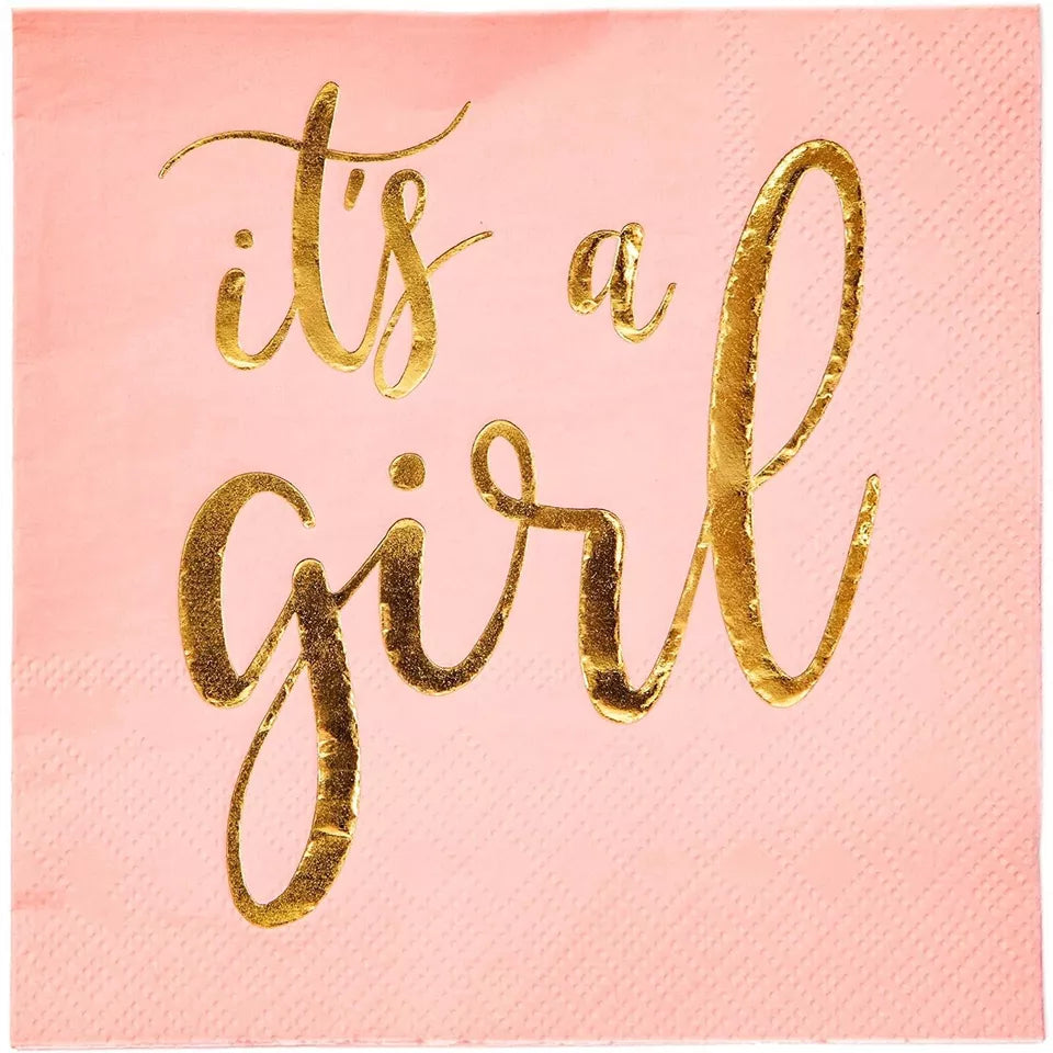 50 Pack It's a Girl Napkins for Baby Shower, Gold Foil Party Supplies, 5x5 In