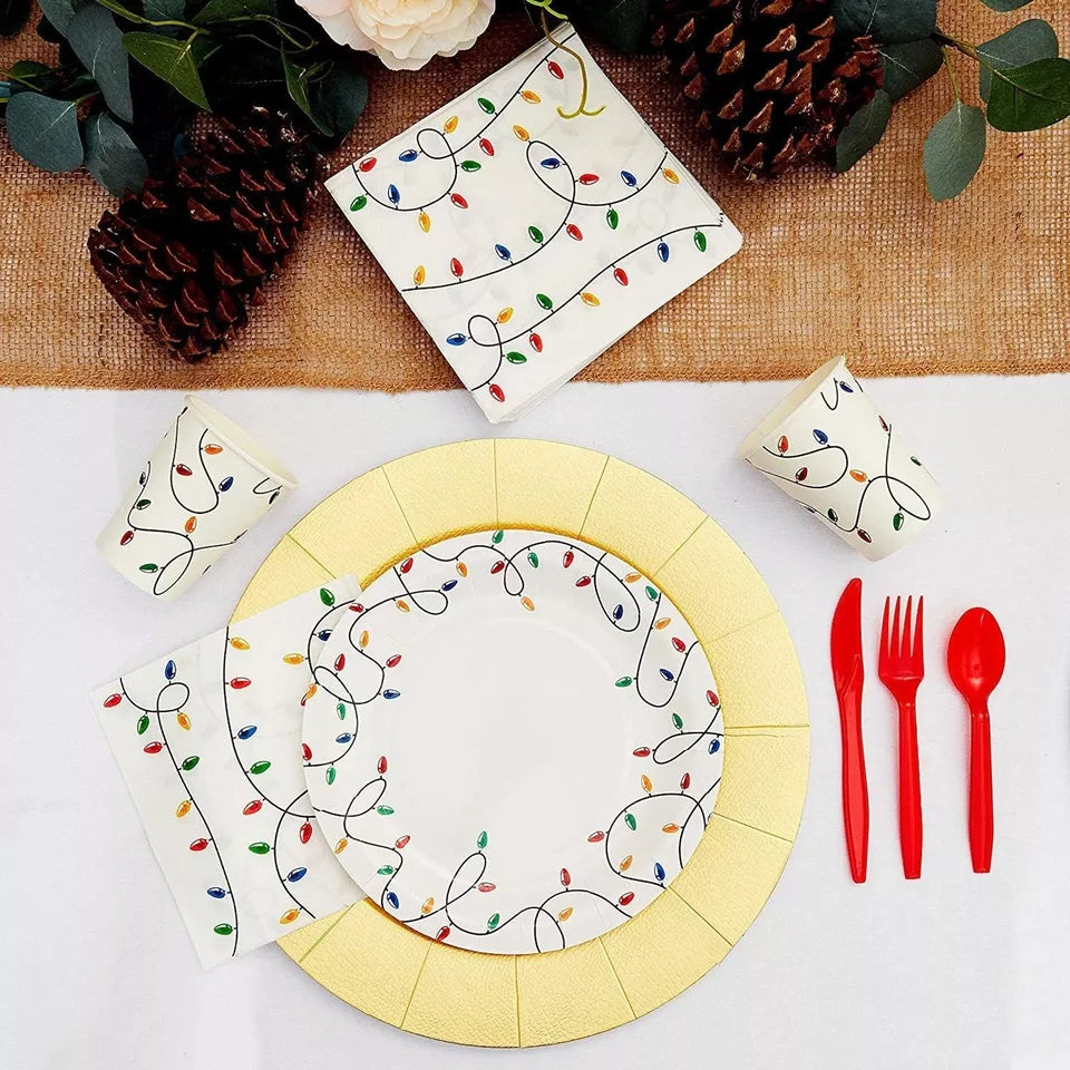 24x Christmas Light Decor Dinnerware Sets with Paper Plates Cutlery Cups Napkins