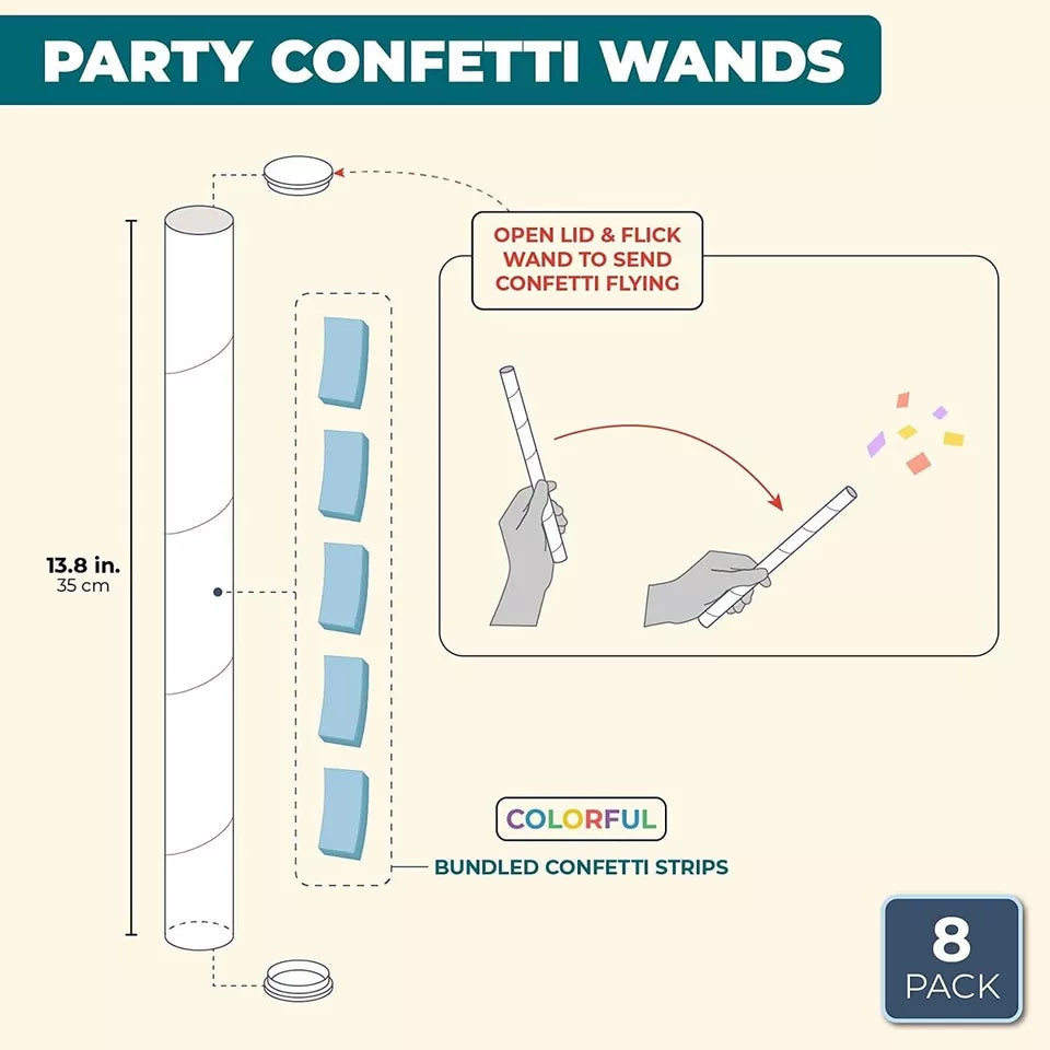 8 Pack Colorful Confetti Wands - 14 in, Silver, for Birthday Parties