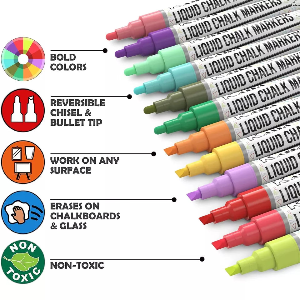 10-Pack 6mm Pastel Multicolor Chalk Markers - Includes 4 Bullet and Chisel Dual Tips